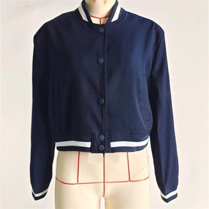 Women Casual Varsity Jacket Short Bomber Coat Y2K Streetwear Slim Fit Polyester Striped Rib Trim Button Up Outerwear