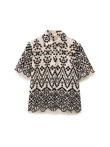 Women's summer two-piece set featuring embroidered short sleeve shirt and matching shorts