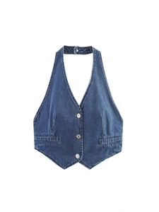 Women Halter Denim Vest Sexy V Neck Button Up Sleeveless Crop Top Retro Streetwear Denim Blue Backless Waistcoat