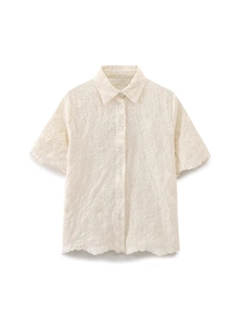 Women's summer two-piece set featuring off-white embroidered short sleeve shirt and shorts