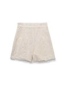 Women's summer two-piece set featuring cream white floral embroidered shorts with scalloped hem