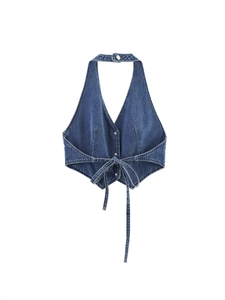 Women's denim halter vest top with V-neck and bow tie hem on a clean white background