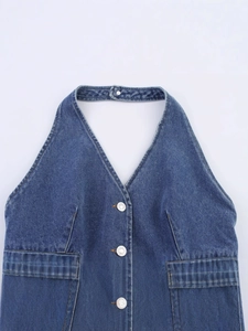 Retro washed denim halter vest top with deep V-neck and metallic buttons in blue color