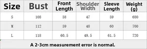 Size chart for Y2K cargo bomber jacket with detailed S, M, and L measurements