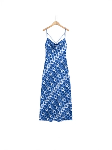 Robe Longue à Imprimé Français pour Femme Dos Nu Sexy Col Bénitier Été Bohème Sans Manches Effet Satiné