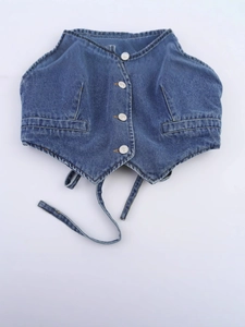 Classic blue denim vest featuring V-neckline and button closure with adjustable tie back