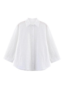 Summer white eyelet embroidery long sleeve shirt with lapel and button closure