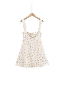 Robe Courte Fleurie Douce Pour Femmes Col Carré Noeud Au Dos Coupe En A Sans Manches Crème Violette Été