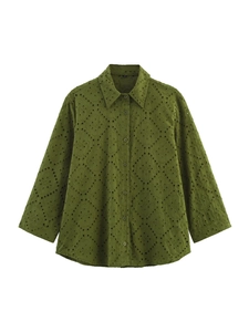 Olive green button-up long sleeve shirt with intricate floral hollow embroidery