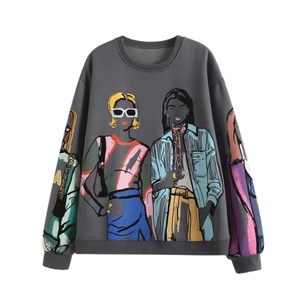 Women's Y2K Loose Sweatshirt Round Neck Colorful Fashion Portrait Print Fleece Lined Streetwear Pullover Tops Grey
