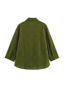 Army green long sleeve shirt with hollow eyelet embroidery and classic lapel collar