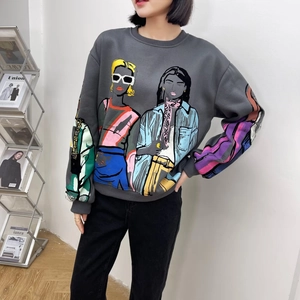 Loose fit dark grey sweatshirt with colorful feminine art print and crewneck design