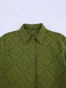Olive green eyelet embroidery shirt with classic collar and button-front detailing