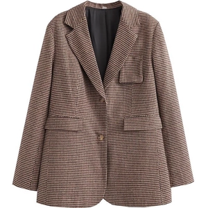 Damen Vintage Braun Hahnentritt Blazer Einreihig Reverskragen Slim Fit Tasche Anzugjacke Büro Street Fashion Mantel