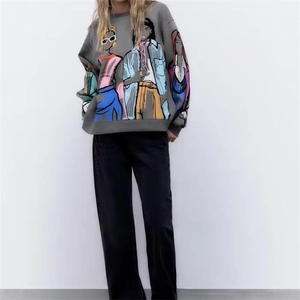 Loose grey crewneck sweatshirt with colorful fashion art print for a Y2K aesthetic look