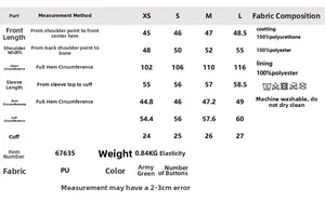 Detailed size chart for the army green PU leather jacket including XS-L measurements
