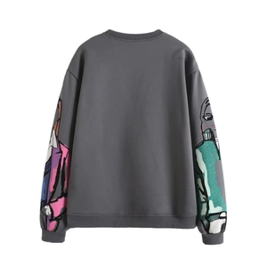 Loose dark gray Y2K crewneck sweatshirt featuring stylish sleeve graffiti illustrations