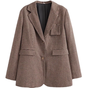 Klassischer Hahnentritt-Blazer in Braun und Beige mit einreihigem Zwei-Knopf-Design