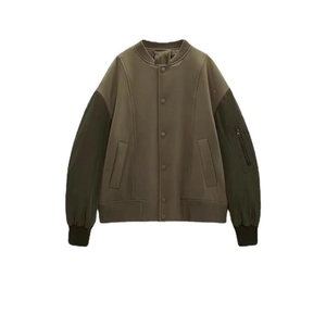 Lässige Damen Patchwork Bomberjacke Vintage Olivgrün Lockerer Fliegerjacke Mit Ärmel Reißverschlusstasche Druckknopf Gerippt