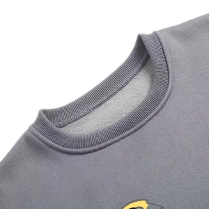 Detailed view of the ribbed crew neck and soft fleece lining on this gray sweatshirt