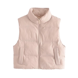 Women Y2K Street Style Quilted Padded Vest Stand Collar Zipper Short Sleeveless Jacket Solid Color Warm Outwear With Pockets