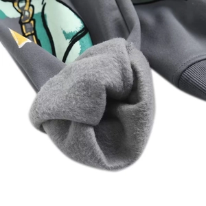 Detail of warm grey fleece lining and premium jersey fabric on a Y2K oversized sweatshirt