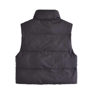 Back view of black puffer vest with stand collar and horizontal quilted padding