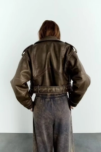Rear view of vintage washed PU leather jacket with buckle belt and distressed texture