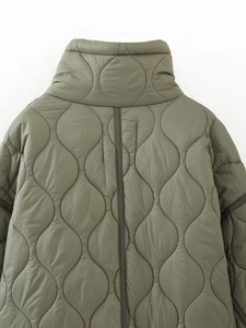 Close-up of wave-quilted military green jacket showing stand collar and back seam detail