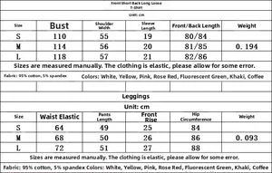 Size chart for Y2K oversized T-shirt and slim leggings set in various vibrant colors