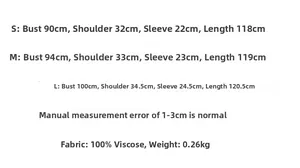 Tableau des tailles détaillé pour robe en viscose avec mesures S, M, L en centimètres