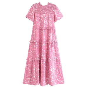 Robe Longue Fleurie Rose pour Femme en Viscose Smockée à Volants Manches Courtes Style Boho Été
