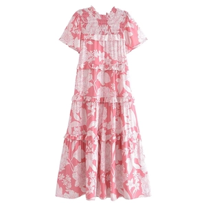 Women Summer Floral Print Viscose Maxi Dress Short Sleeve Smocked Tiered Ruffle Casual Beach Party Long Dress