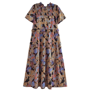 Bohemian Floral Print Viscose Maxi Dress Short Sleeve Smocked Tiered Ruffle Cake Skirt Casual Summer Vacation Smocking Dress