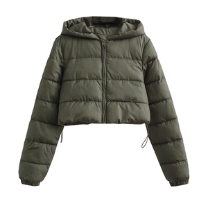 Detail of olive green hooded puffer jacket featuring adjustable hem drawstring