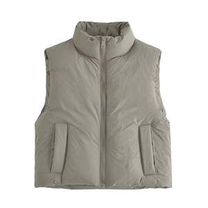 Women's Y2K style sage green padded puffer vest with stand collar and flap pockets