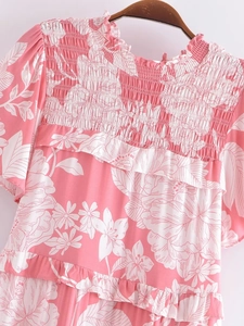 Pink floral summer dress with smocking detail and ruffle tiered hem for women
