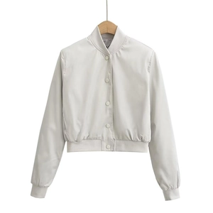 Y2K loose bomber jacket with high collar and snap buttons in light grey for women