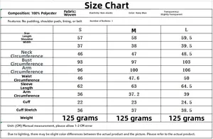 Detailed size chart and fabric specifications for navy blue stand collar ruffled shirt