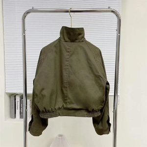 Minimalist Y2K olive green bomber jacket featuring a stand collar and elastic waist back view