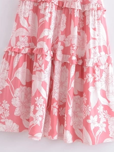 Summer pink floral tiered ruffle dress featuring a lightweight rayon fabric and flowy design