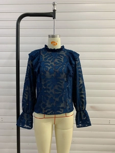 Women's navy jacquard lace blouse with stand collar and ruffled shoulder details