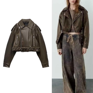 Women Vintage Washed Faux Leather Biker Jacket Retro Gradient PU Crop Jacket With Belt Zipper Lapel Punk Moto Outerwear
