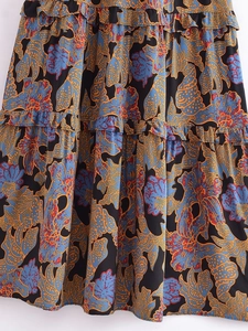 Bohemian floral rayon tiered maxi dress with ethnic print and ruffled summer layers
