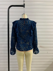 Dark blue long sleeve sheer shirt with floral jacquard and ruffled stand collar detail