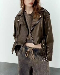 Short vintage PU leather motorcycle jacket with lapel and belt in dark olive green