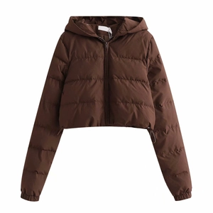 Women's Y2K brown hooded puffer jacket with metallic zipper and drawstring hem