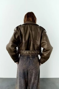 Vintage brown PU leather biker jacket for women with oversized fit and waist belt