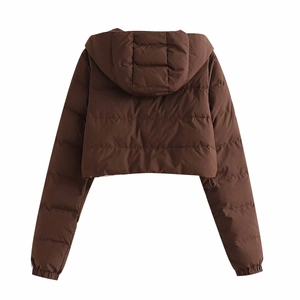 Rear view of dark brown cropped puffer jacket featuring horizontal quilting and hood
