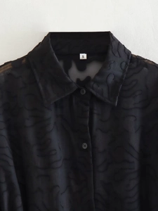 Schwarze transparente Jacquard-Bluse für Damen mit Puffärmeln und Mesh-Textur